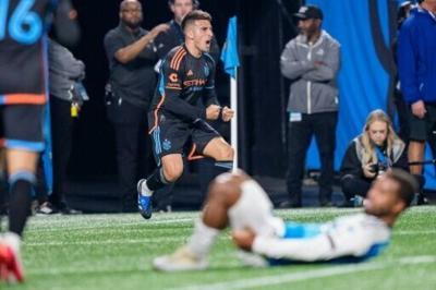 Nicolás Fernández of New York City FC celebrates his first-half goal against Charlotte FC in an MLS playoff first round series-clinching victory