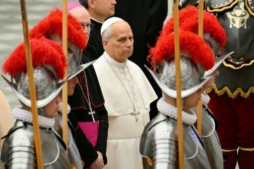 Pope Leo XIV attends the swearing-in ceremony for 28 new Swiss Guard recruits at the Paul VI audience hall in the Vatican on May 6, 2026.