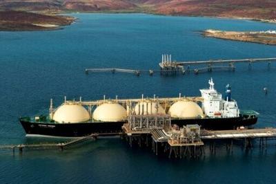 An LNG tanker berthed at the Karratha gas plant loading terminal in Western Australia.