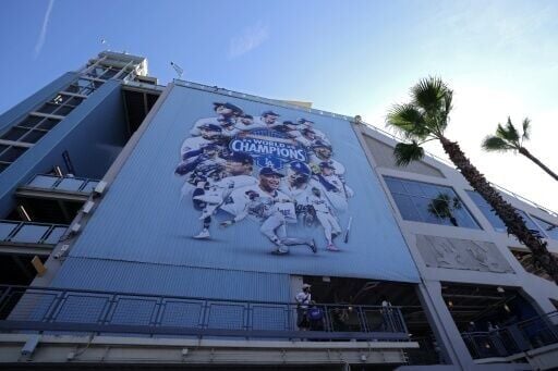 The Los Angeles Dodgers display their latest World Series championship logo as the 2026 Major League Baseball campaign gets underway