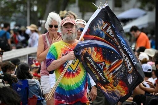 Space enthusiasts at a park in Titusville, Florida, before the Artemis II launch