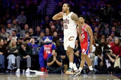 Cleveland's Jaylon Tyson celebrates a three-pointer in the Cavaliers' NBA victory over the Philadelphia 76ers