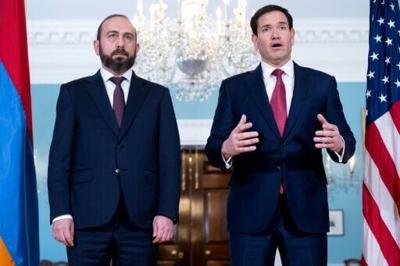 US Secretary of State Marco Rubio speaks to the press as he greets Armenian Foreign Minister Ararat Mirzoyan