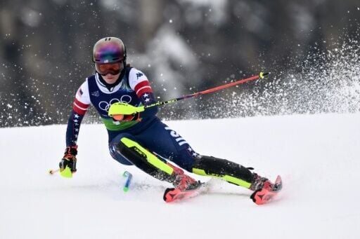 American Mikaela Shiffrin competes in the slalom run of the Olympic team combined