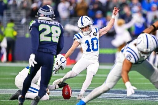 Blake Grupe of the Indianapolis Colts kicked a field goal during the fourth quarter against the Seattle Seahawks