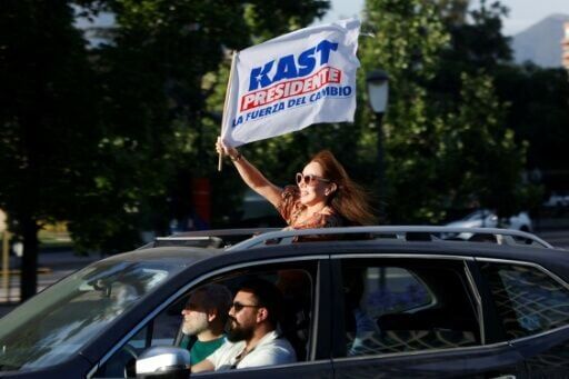 Supporters of Chile's presidential candidate Jose Antonio Kast, of the Partido Republicano party, celebrate following the first results of the presidential runoff election in Santiago
