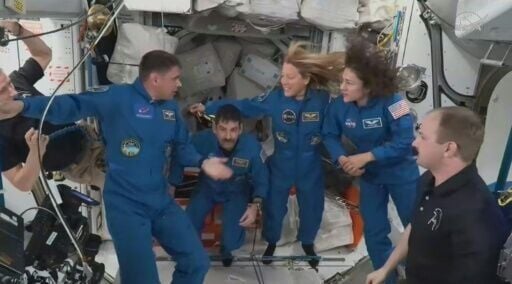 This still image from a NASA livestream shows Crew-12 aboard the International Space Station assembling for a February press conference