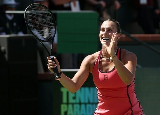 Aryna Sabalenka celebrates victory over Elena Rybakina in the Indian Wells WTA 1000 final