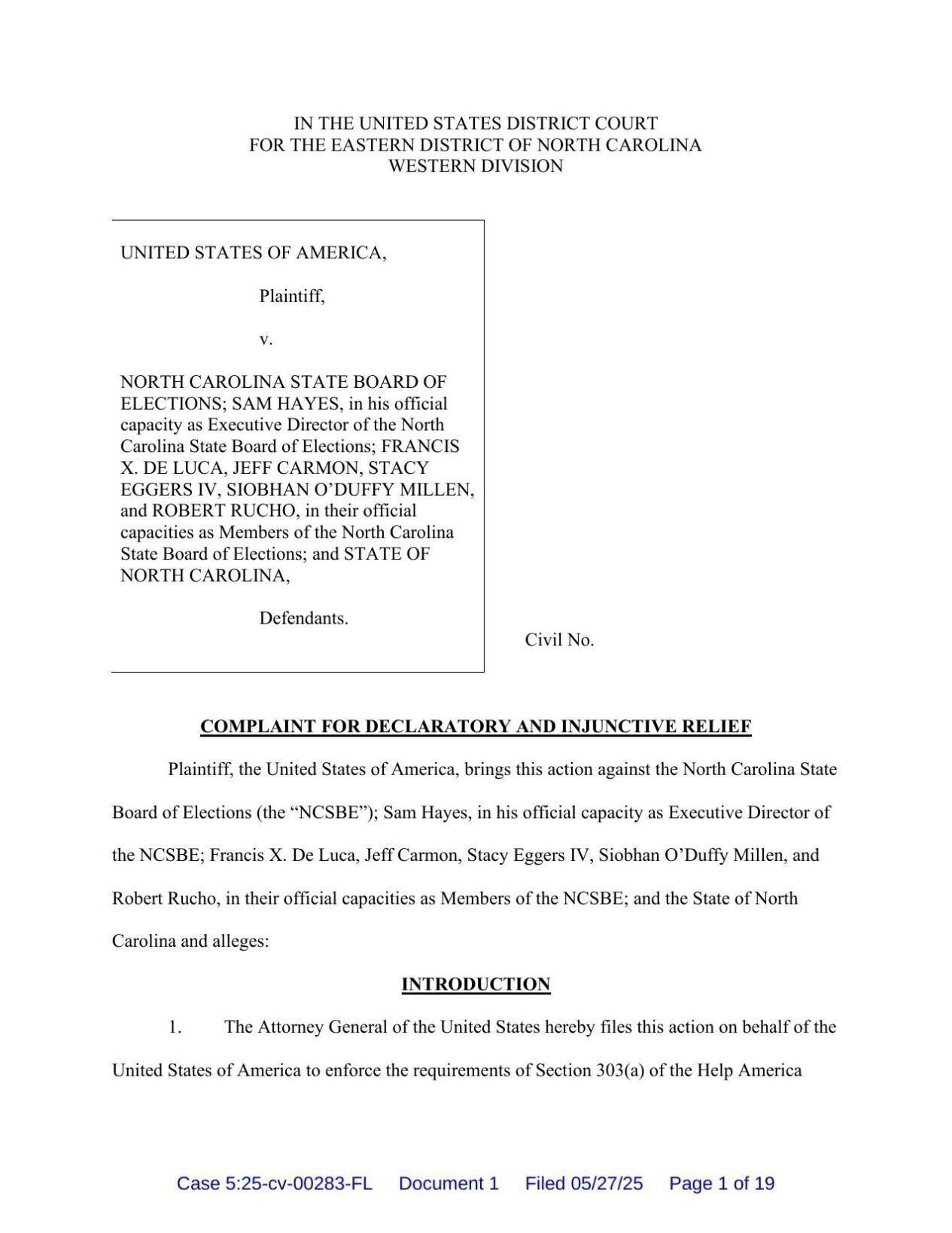 Department of Justice sues North Carolina elections board