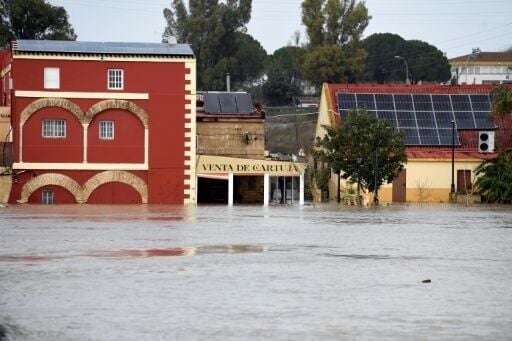A flooded street in the Jerez village of Las Pachecas in southern Spain as a result of Storm Leonardo on February 5
