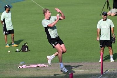 New Zealand's Kyle Jamieson bowls during training on the eve of the T20 World Cup semi-final against South Africa at Eden Gardens in Kolkata