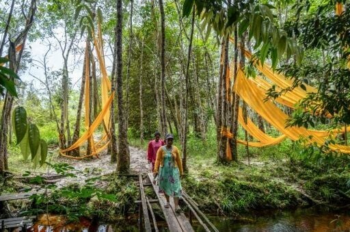 Villager Ika Magdalena (front) and her sister walk past trees tied with yellow cloth as a marker for sacred sites for their Dayak people