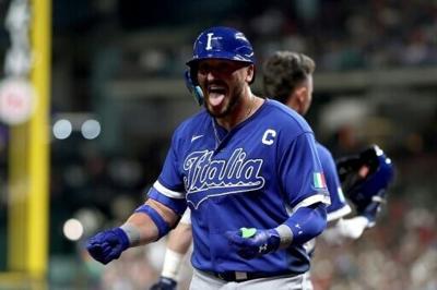 Italy's Vinnie Pasquantino celebrates a home run in his unbeaten team's victory over Mexico at the World Baseball Classic