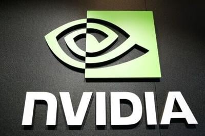 The logo of Nvidia is seen during a production preview exhibitionin Taipei on May 21, 2025.