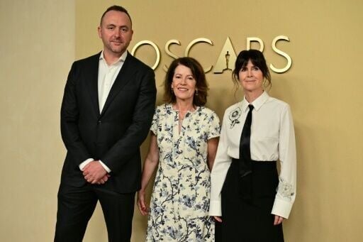 (L-R) 'Hamnet' producers Nicolas Gonda, Pippa Harris and Liza Marshall are nominees for the best picture Oscar, along with fellow producers Steven Spielberg and Sam Mendes