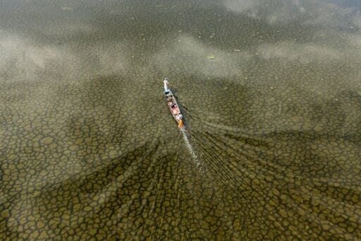 A fishing boat in the Huwaizah Marshes of southern Iraq as water levels rise following long-awaited rains