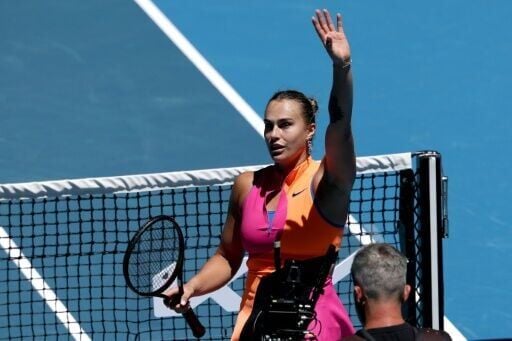 Aryna Sabalenka celebrates victory over Austria's Anastasia Potapova