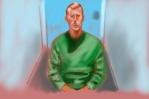 A sketch by artist Rocco Fazzari shows former Australian soldier Ben Roberts-Smith appearing via video link at a court in Sydney on April 17, 2026