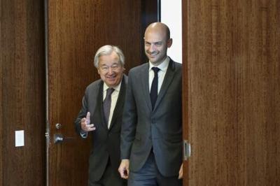 France's Foreign Minister Jean-Noel Barrot and UN Secretary-General Antonio Guterres arrive at a meeting at United Nations headquarters
