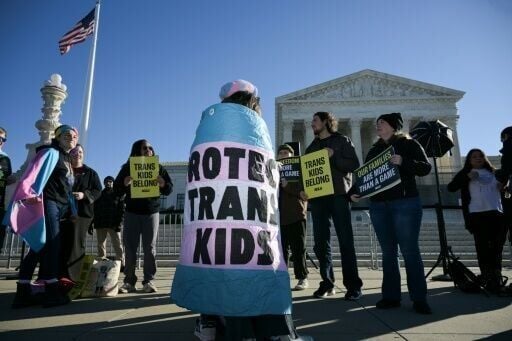 Demonstrators rally outside the US Supreme Court as the justices hear challenges to state bans on transgender athletes in girls' and women's sports