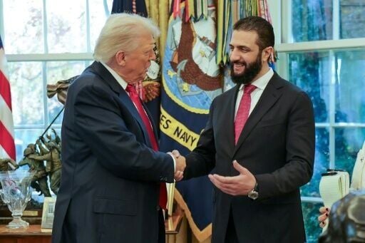 US President Donald Trump shakes hands with Syrian President Ahmed al-Sharaa at the White House in Washington