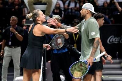 Aryna Sabalenka (L) wants a re-match of her 'Battle of the Sexes' showdown with Nick Kyrgios (R)