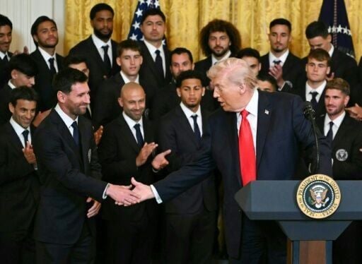 US President Donald Trump shakes hands with Inter Miami's Argentinian star Lionel Messi at an event honoring the club's 2025 MLS Cup title
