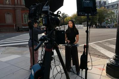Reporter Akayla Gardner reports near the White House after being denied entry following President Donald Trump's ban on CNN, MS NOW and Politico, Sept. 19, 2026.