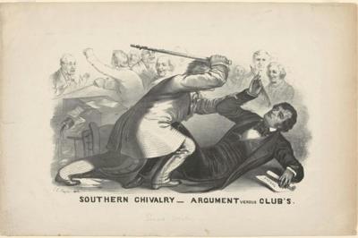 In John Magee’s print, Preston Brooks wields a cane against Charles Sumner, who is clutching a pen and a rolled-up speech.