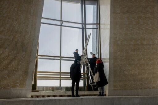 Windows were damaged at the base of the Motherland statue that towers over Kyiv