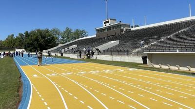 Memorial Stadlum track and bleachers