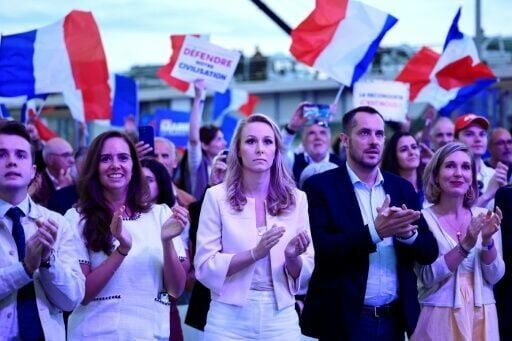 French far-right politicians Sarah Knafo and Marion Marechal (left and second left) see common ground with the US conservative movement