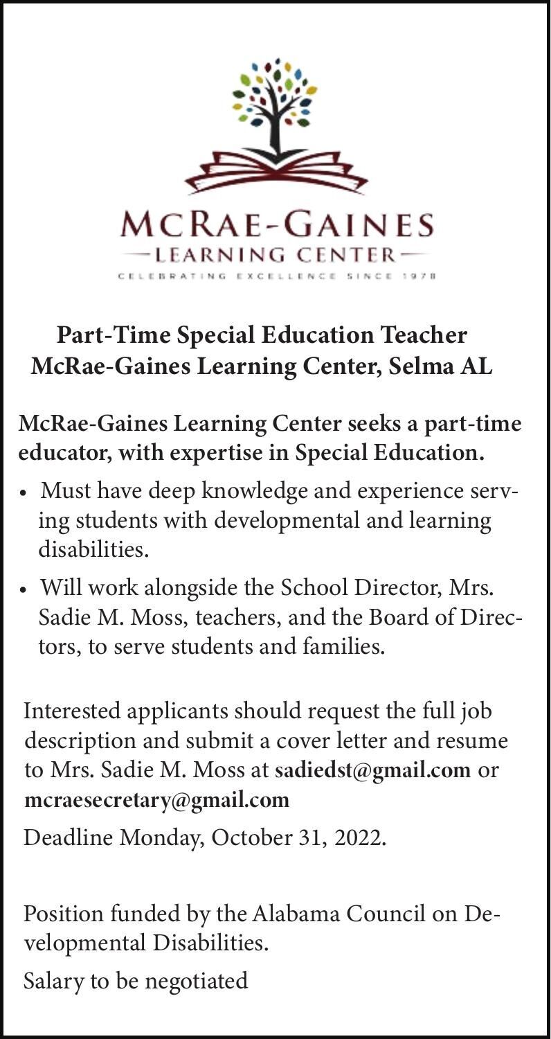 McRae-Gaines Learning Center is hiring!