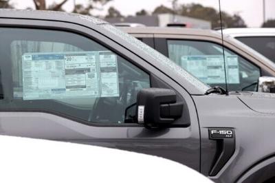 Ford pickups at a dealership in California. Automakers are keeping a wary eye on US demand since the outbreak of war in the Middle East