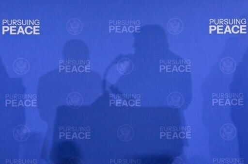 The shadows of US President Donald Trump and Russian President Vladimir Putin seen at their 2025 summit in Anchorage