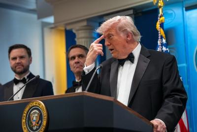 President Donald Trump speaks at the White House on April 25, 2026, after the cancellation of the annual White House Correspondents Association Dinner.