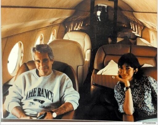 This undated photo provided by the US Justice Department on December 19, 2025 shows Jeffrey Epstein (L), who died in jail in 2019 while awaiting trial for sex trafficking, and his associate, Ghislaine Maxwell, aboard a jet