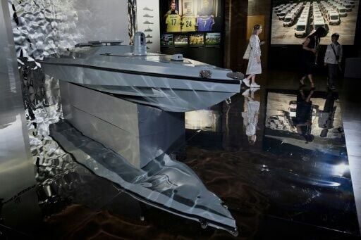 A naval Magura drone, credited with successful attacks on Russian ships in the Black Sea, is shown off in Kyiv