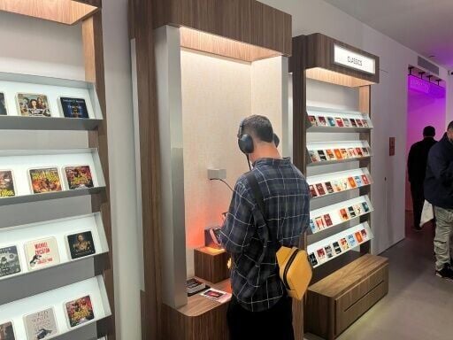 Audiobook tablets called 'story tiles' line the shelves of the store