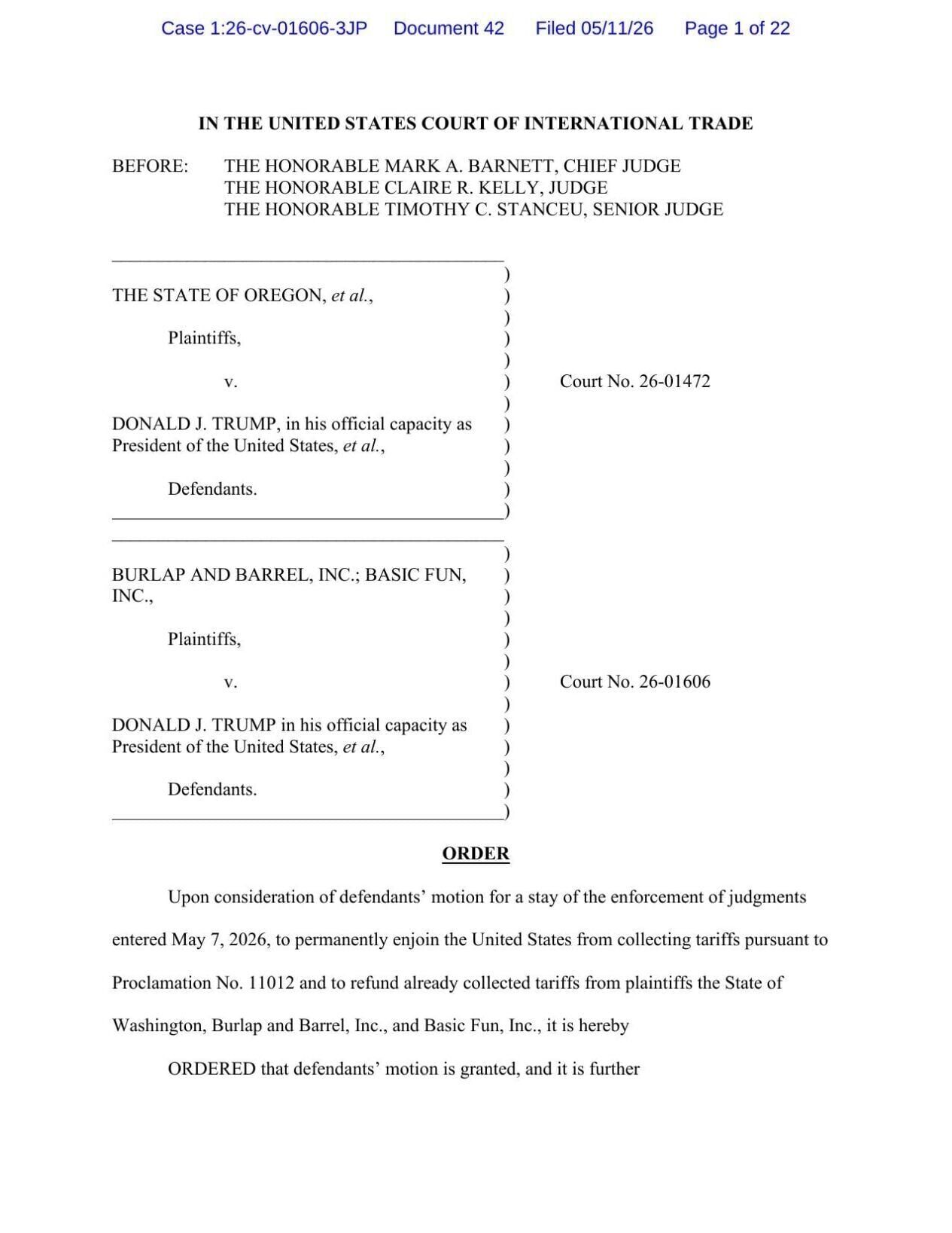 Motion for stay 5-11-26