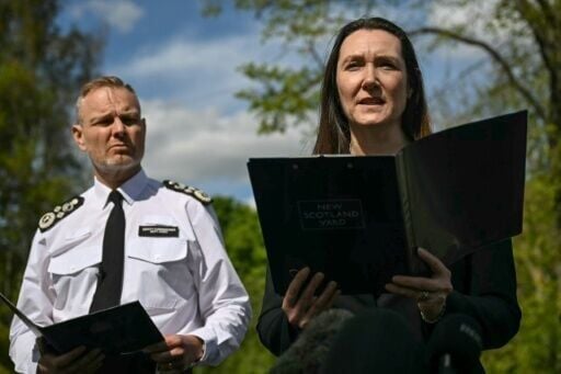 London's Metropolitan Police deputy commissioner Matt Jukes and deputy assistant commissioner Vicki Evans make statements near an area cordoned off by police, after an attack on the the Kenton United Synagogue in Harrow, northwest London