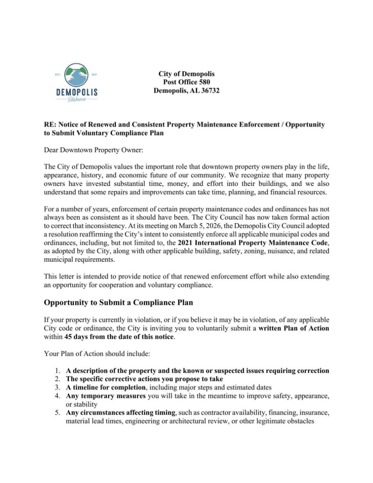 Demopolis downtown business letter