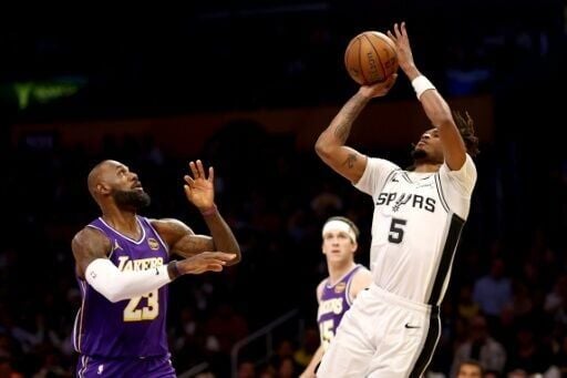 San Antonio's Stephon Castle shoots over LeBron James in the Spurs' NBA Cup quarter-final win over the Los Angeles Lakers