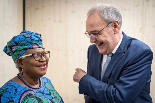 WTO chief Ngozi Okonjo-Iweala talking with Swiss President Guy Parmelin at the World Economic Forum meeting in Davos