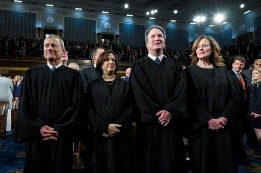US Supreme Court Chief Justice John Roberts Jr., Justice Elena Kagan, Justice Brett Kavanaugh and Justice Amy Coney Barrett occupied their usual front-row spot during the State of the Union