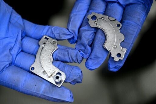 Magnetic components retrieved from discarded hard drives at an e-waste recycling facility in Ghaziabad, India