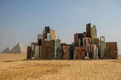 The art installation "Doors of Cairo" by artist Alexandre Farto, aka Vhils, formed part of the fifth edition of the "Forever is Now" art exhibition by Art d'Egypte at the Giza pyramids