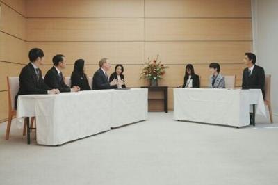 Microsoft's Vice Chair and President Brad Smith (4th L) and (L-R) Sakura Internet Inc President and CEO Kunihiro Tanaka, SoftBank Corp. President and CEO Junichi Miyakawa, Microsoft Japan President Miki Tsusaka, hold a meeitng with Japan's Prime Ministe...