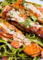 Recipe: Salmon spinach fettuccini with creamy feta and garlic sauce