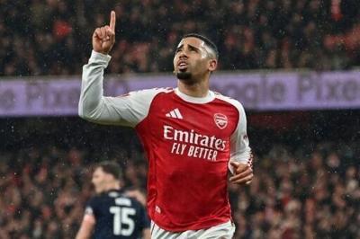 Arsenal striker Gabriel Jesus celebrates after scoring against Wigan